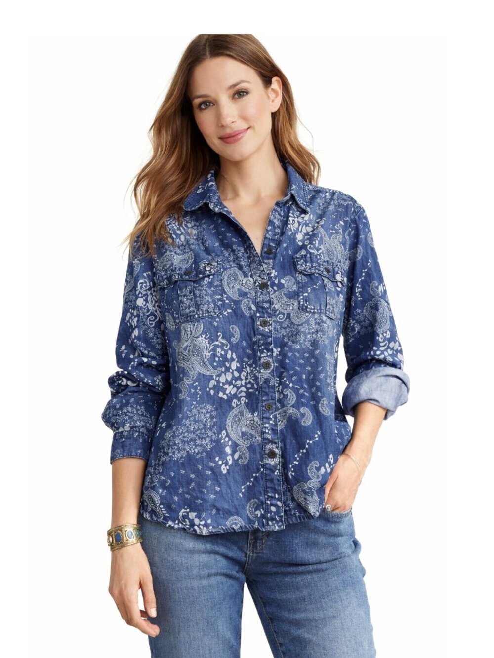 Chico’s Shirt Size 3 (16) Blue Paisley Cotton Long Sleeve Collared